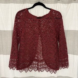 Zara women’s lace-style blouse, long sleeved. Burgundy color. Size S.